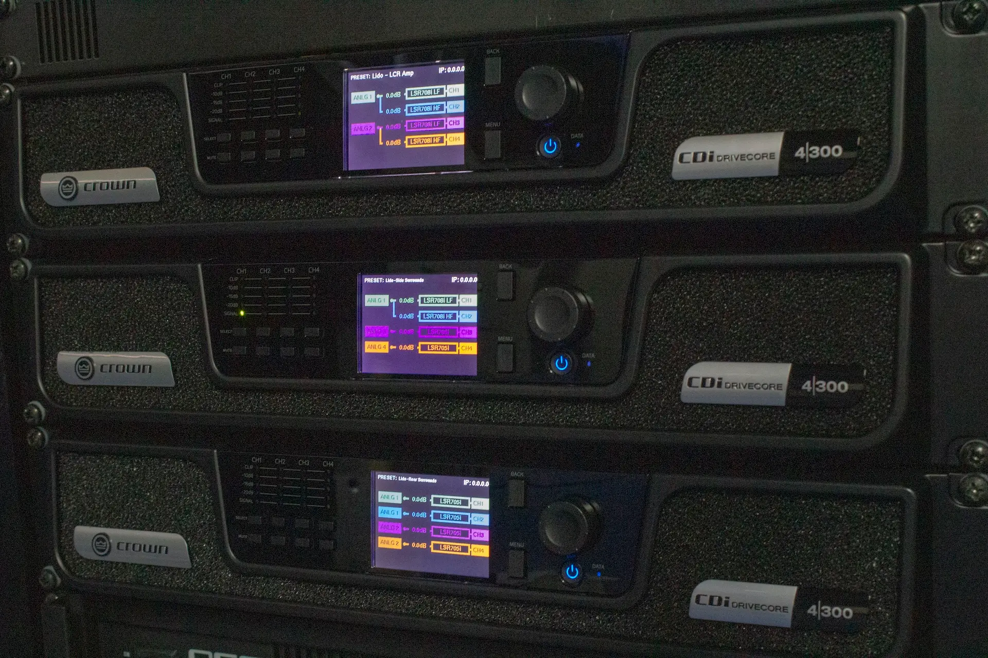 Close-up of professional Crown power amplifiers