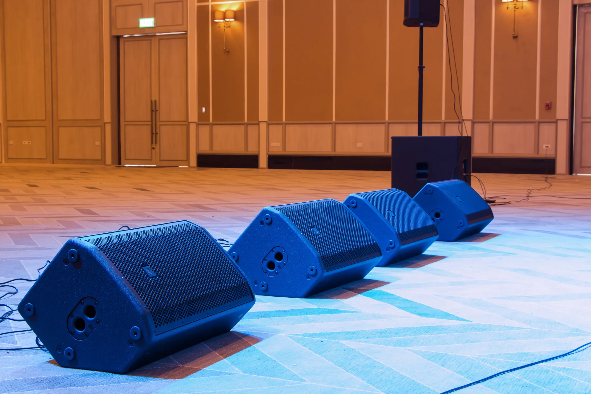 Professional stage monitor speakers ready for an event