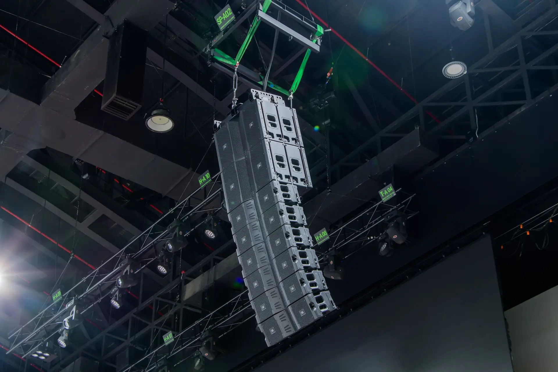 Professional line array speaker system in a venue