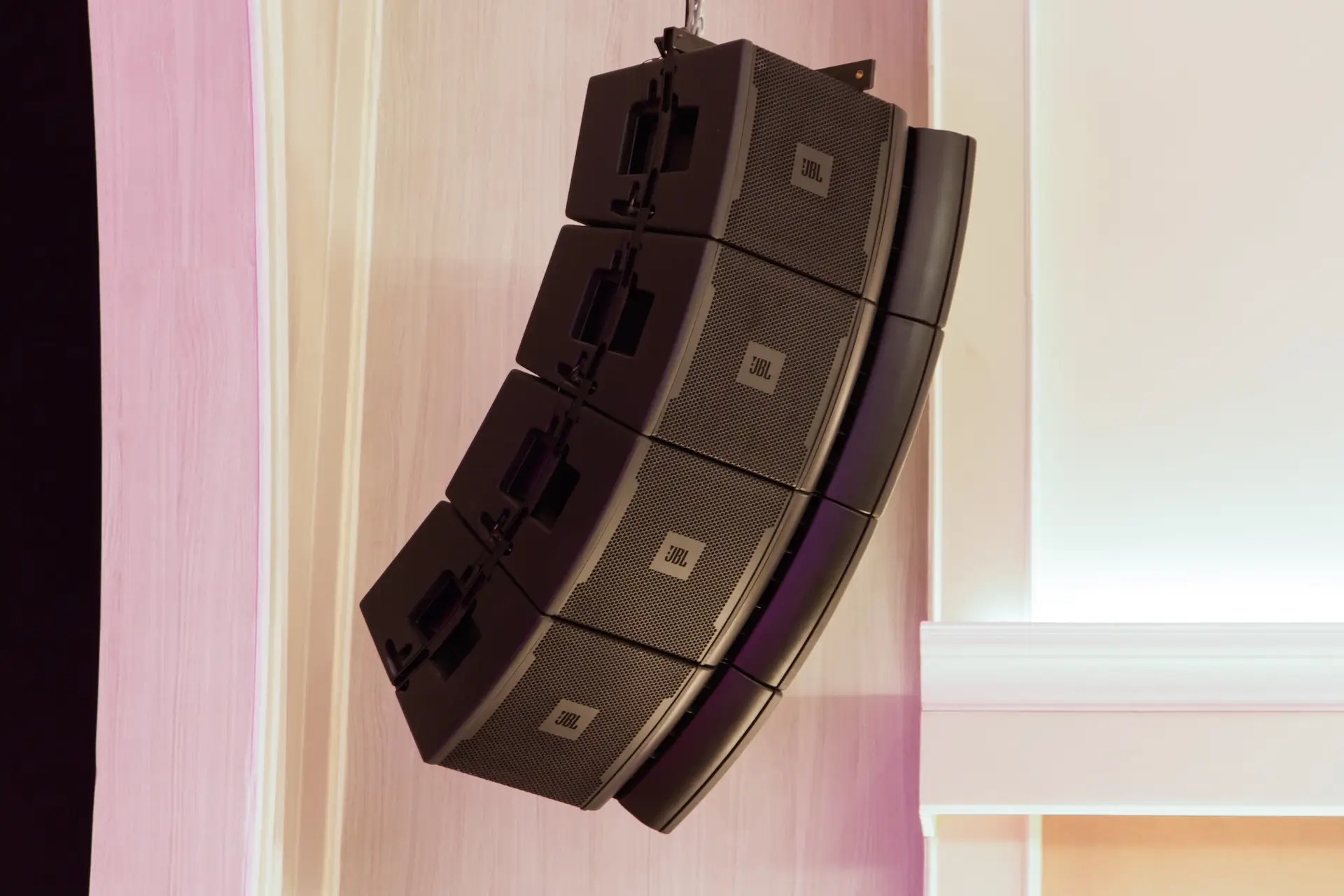 Professional line array speakers in a venue