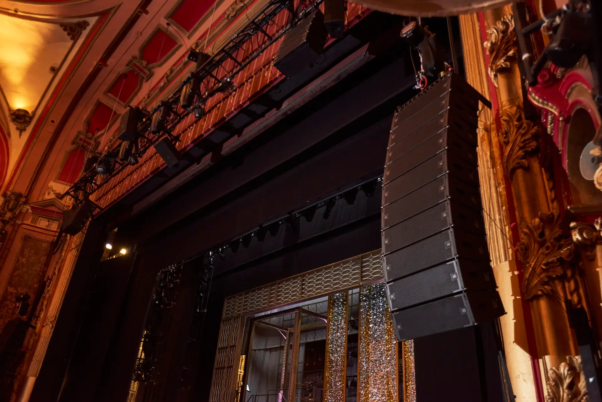 Theater stage with professional line array speakers