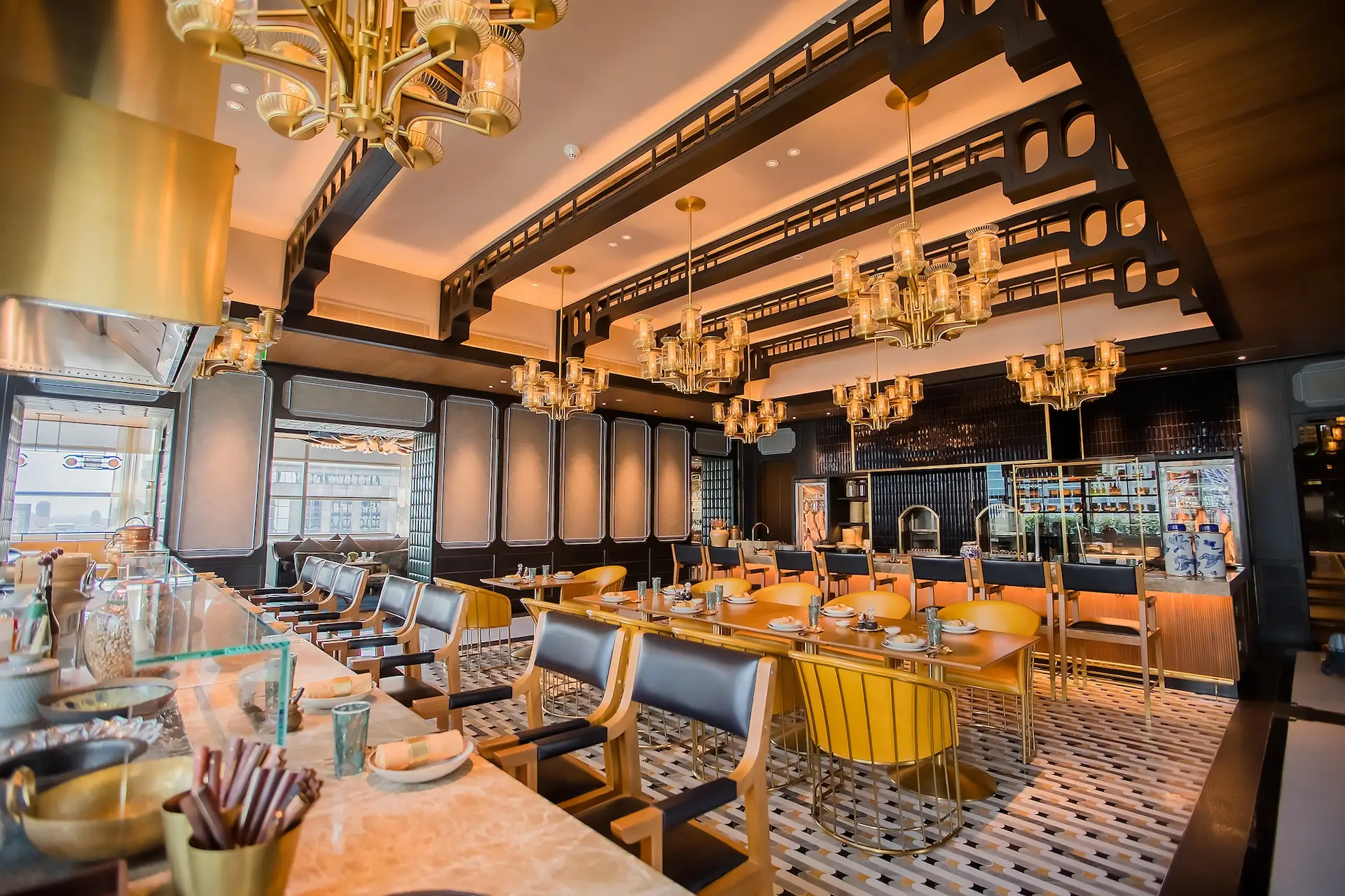 Upscale restaurant dining room with professional AV ambiance
